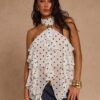Women's White Halter Ruffle Chiffon Sleeveless Blouse Top