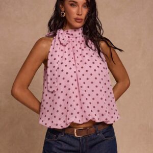 Women's Pink Polka Dot Twist-Front Sleeveless Blouse Top
