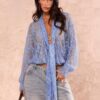 Women's Light Blue Floral Lace Tie-Neck Blouse Top