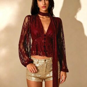 Women's Burgundy Lace Long Sleeve V-Neck Blouse Top