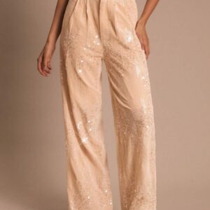 Women's Apricot Sequin Velvet Wide Leg Dress Pants