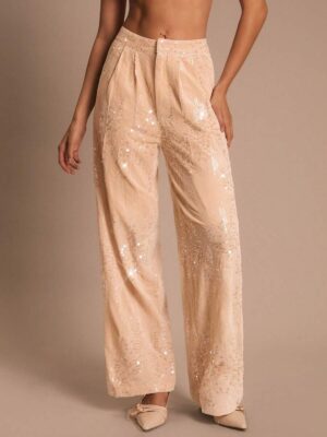 Women's Apricot Sequin Velvet Wide Leg Dress Pants